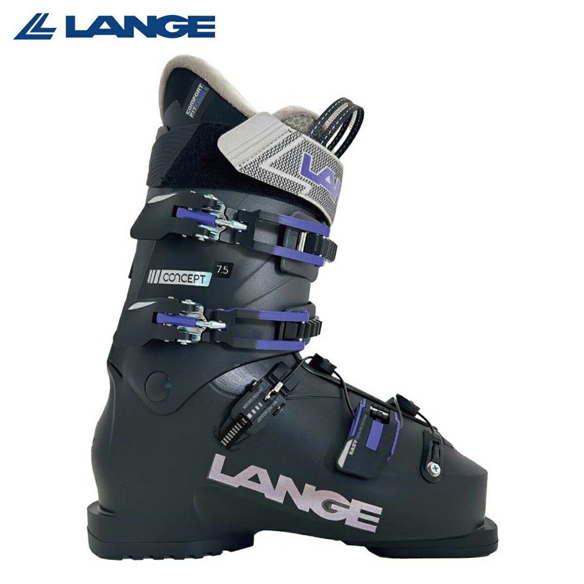 メーカー希望小売価格はメーカーカタログに基づいて掲載しています LANGE ラング スキーブーツ■CONCEPT 7.5 W コンセプト 7.5 ウイメンズフレックス（硬さ）：75ラスト（幅）：103MMCOLOR・BLACK PURPLESIZE［cm］・22.0/22.5、23.0/23.5、24.0/24.5、25.0/25.5、26.0/26.5、27.0/27.5LINER・COMFORT FIT 4・COMFORT FOOTBEDSHELL・SHELL: LYFRAN・CUFF: LYFRAN RIVET・EASY CLOSURE SYSTEM・STRAP: 40MM・EASY ENTRY & EXIT・COMFORT FIT LINER・SUSPENSION BLADE・EASY CLOSURE SYSTEMあなたのためのスキーブーツラングがこれまで提供してきたブーツの中で最大のボリュームを誇る新しいコンセプトシリーズは、主にレクリエーションスキーヤーのために特別に設計されています。新しいコンフォートフィット(ラスト103mm)は、スキーヤーの練習を容易にし、足の快適性を最適化するように設計されており、スキーヤーが制約なく山を楽しみ、スキーの楽しみを最も純粋な形で再発見できるようにします。簡単に履けて、快適に滑れて、そして気軽に雪上でのあらゆる体験を忘れられないひとときとしたいという願いに突き動かされて、LANGE チームはスキーブーツは使いやすく、快適で、高性能なものでなければならないと確信しています。だからこそ、私たちは新しい CONCEPT シリーズを開発しました。朝、履くのが簡単で、一日中快適で、ゲレンデではテクニカルなパフォーマンススキーブーツです。 ※メーカー企画書の情報で商品登録を行っております。予告なしに商品名と仕様変更される場合がございます。