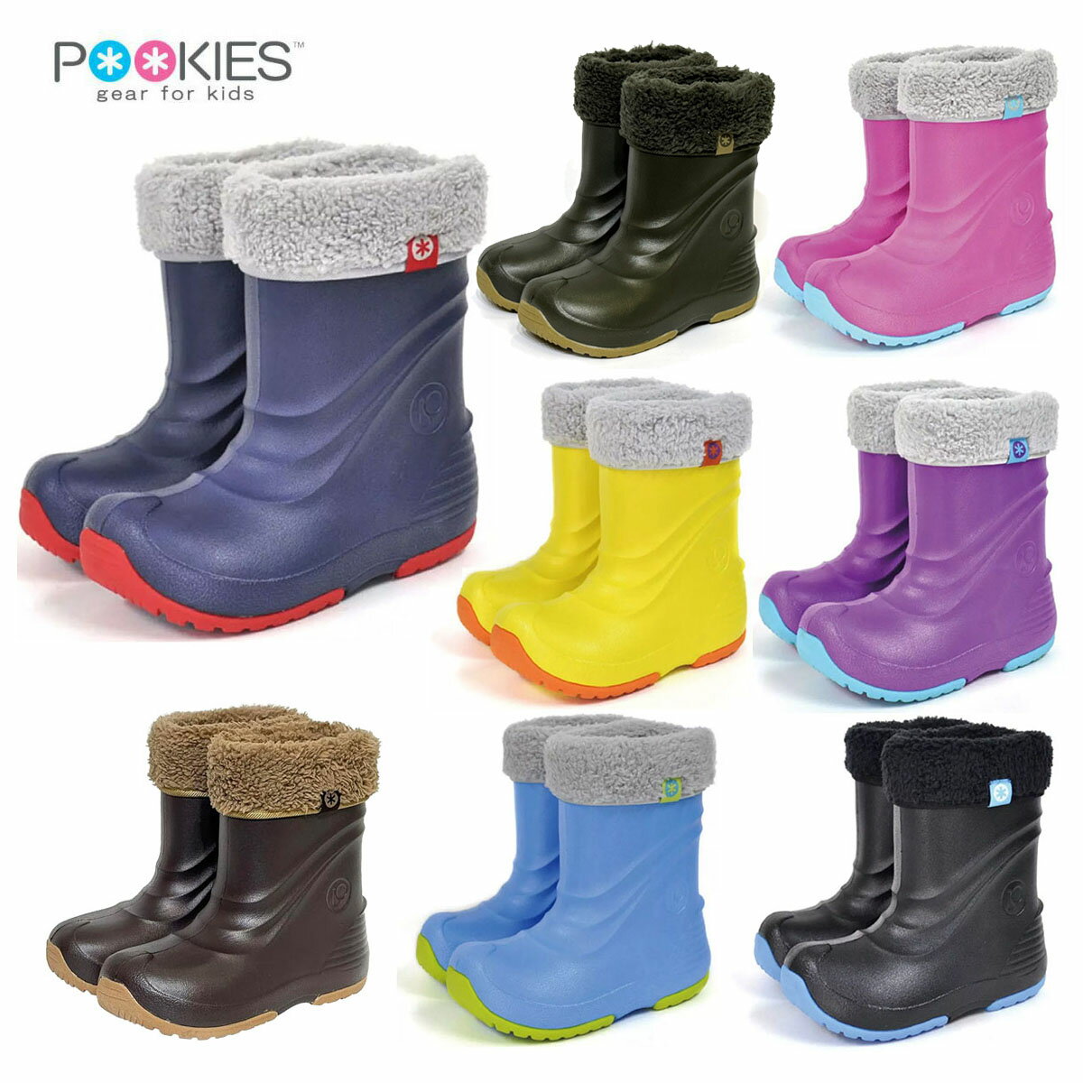 メーカー希望小売価格はメーカーカタログに基づいて掲載しています POOKIES ジュニア スノーブーツ ■ PK-EB510素材甲皮の使用材：合成樹脂(EVA)底の種類：合成ゴム(TPR)・完全防水ブーツ・超軽量・全面ボア貼り・脱着インナーブーツ・オールシーズン対応2WAYブーツ超軽量なEVAブーツに靴下感覚のインナーブーツをセット！取り外せばレインブーツとして使用することが出来るのでオールシーズン使えます。底にはラバーを埋め込み、滑りやすい、減りやすいと言われるEVA底の欠点をカバーしています。 SIZE:15/16cm/17/18cm/19/20cm/21/22cm/23/24cmCOLOR:イエロー/エスプレッソ/ネイビー/パープル/ピンク/ブラック/ミント