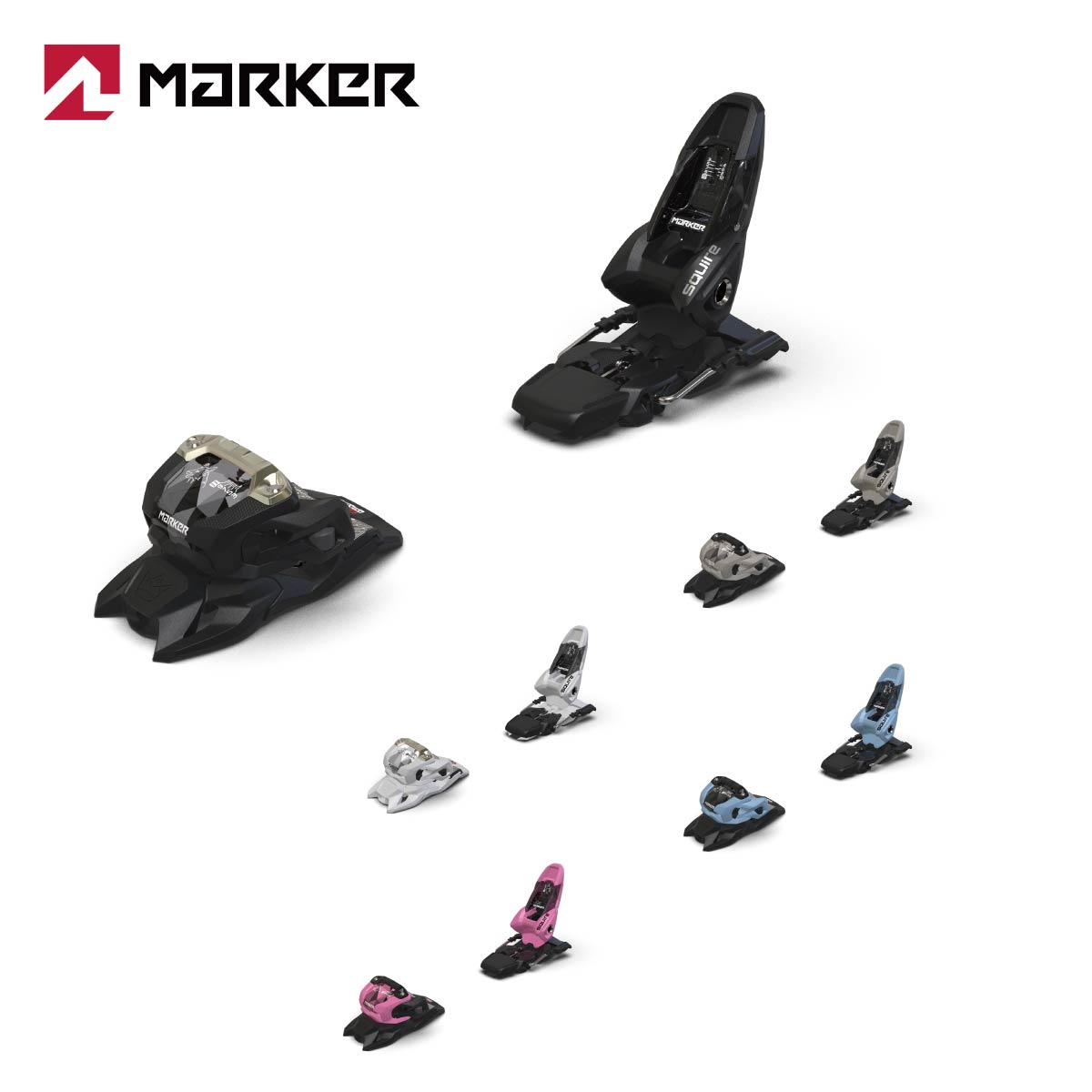 MARKER マーカー スキー ビンディング SQUIRE 11スクワイア 11Art. No. 7424COLOR・Black (C1)・White (C2)・Sandy - Black (C3)・Light blue - Black (C4)・Rose - Black (C5)DIN RANGE3.0 - 10.0REC. SKIER'S WEIGHT30 - 110kgBrake Width90mm, 100mm, 110mmBOOT TIPEA/GW AWEIGHT/PC.820gSTAND HEIGHT24mmTOE SYSTEMTP Light 2AFD GLIDING PLATEStainless steelHEELHollow linkage 2CATEGORYFreerideKEY FEATURESHOLLOW LINKAGE HEELTRIPLE PIVOT LIGHT TOEGRIP WALKAFD GLIDING PLATEANTI ICE RAILORDER NO.7424V1MA (C1/90mm)7424V1MB (C1/100mm)7424V1MC (C1/110mm)7424V1MD (C2/90mm)7424V1ME (C2/100mm)7424V1MF (C2/110mm)7424A1SA (C3/90mm)7424A1SB (C3/100mm)7424A1SC (C3/110mm)7424A1HA (C4/90mm)7424A1HB (C4/100mm)7424A1HC (C4/110mm)7424A1PA (C5/90mm)7424A1PB (C5/100mm)7424A1PC (C5/110mm)The Squire 11 has progressive looks and is specially designed for lighter weight but fully motivated freeride and freestyle rookies.A lightweight Triple Pivot Light toe piece features a distinctive Ice Off Rail to keep the sole free of snow and ice.A state-of-the-art Hollow Linkage heel with its wider boot holder reduces the step-in force by approximately 35%, even with GripWalk soles.All in all, the Squire 11 is very compact and, despite its GripWalk compatibility, only 24 mm high, which allows a very direct feel and ski control.Available in five colour combinations.※メーカー企画書の情報で商品登録を行っております。予告なしに商品名と仕様変更される場合がございます。