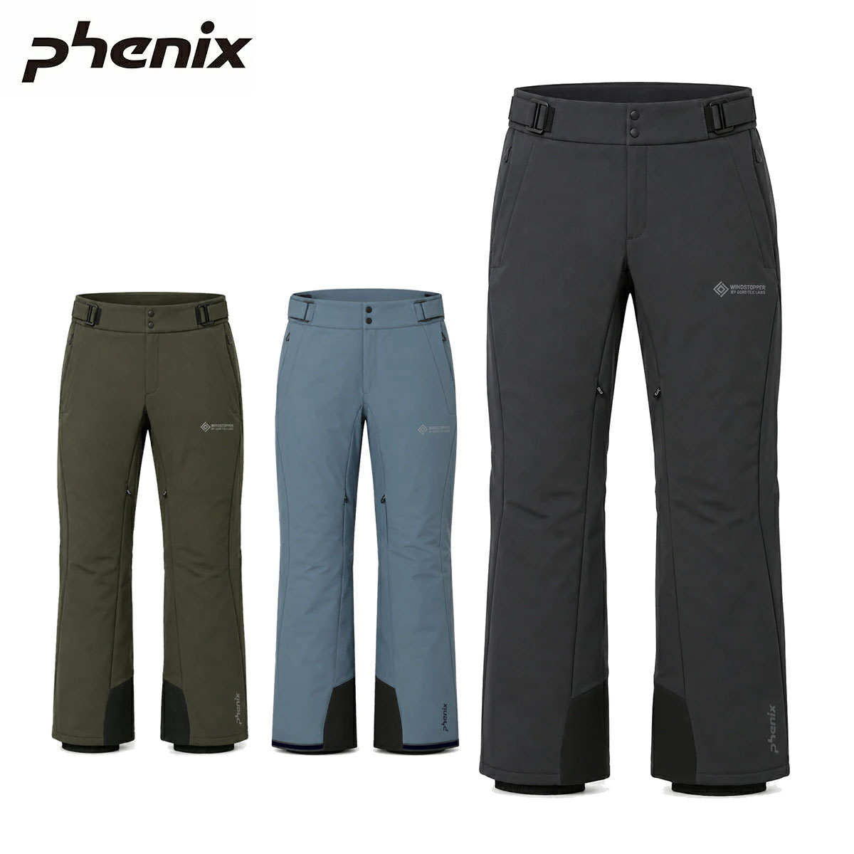 PHENIX フェニックス スキーウェア パンツ■ PSM26OB39Z WINDSTOPPER Pantsウインドストッパーパンツ素材・WINDSTOPPER Taffeta 2L・Cordura Oxford○表地にWINDSTOPPERファブリクス使用したベーシックな位置付けのパンツ。COLOR・BLACK/PH9900・KHAKI/PH2900・GRAYBLUE/PH9662SIZEXXS, XS, S, M, L, XL, XXL■FUNCTION・WINDSTOPPER ：最大の特徴は『防風性』と『透湿性』という2つの相反する機能性にあり、冬の寒い風を通さず、内部のムレも防ぐので、汗をかいても、汗冷えによるヒヤっとする感覚を抑え、かつムレることなく、快適な着用感を保持します。・Phenix neslation：中綿を使用しています・Cordura：高強度で耐久性に優れた繊維。・Partial Seam Sealing：濡れやすい部分をシームリングしています・INSEAM VENTILATION：股にこもる熱を逃す、通気性に優れたベンチレーション・HEM INNER GAITER：裾からの雪や風の侵入を防ぎます・REMOVABLE SUSPENDERS(SOLD SEPARATELY)：取り外し式のサスペンダー（サスペンダー別売り）・Made in China※メーカー企画書の情報で商品登録を行っております。予告なしに商品名と仕様変更される場合がございます。
