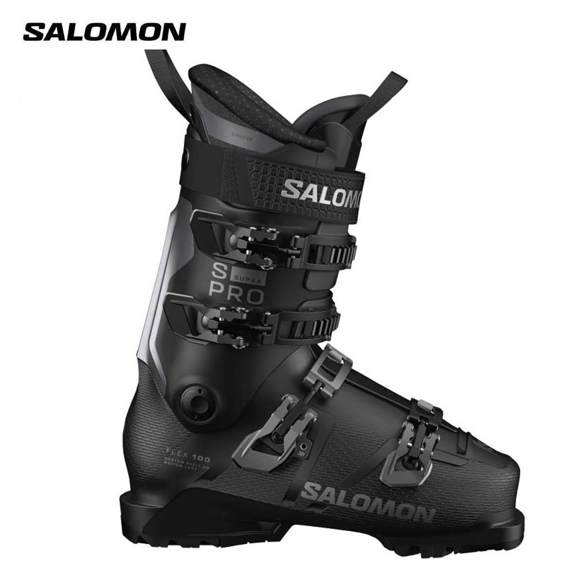 SALOMON サロモン スキーブーツ■S/PRO SUPRA 100 S/PRO スープラ 100フレックス（硬さ）：100ラスト（幅）：100-106mmCOLOR・Black/Dark Gray Met./BelugaSIZE・24.0/24.5cm、25.0/25.5cm、26.0/26.5cm、27.0/27.5cm、28.0/28.5cm、29.0/29.5cm、30.0/30.5cm、31.0/31.5cmWEIGHT (g)・1905(1/2pair)(26.5cm)SHELL/CUFF・Polyurethane・Custom shell HD・3D Instep ShellLINER・S/PRO CF 3D・Light2 FootbedSTRAP/TIGHTENING・Riveted Velcro 35mm・4 Riveted Aluminium 3D BucklesPADS・Gripwalk premounted ISO 23223ADJUSTMENT・Riveted Cuff Alignment Pivot・GRIPWALK原産国：ROMANIA製100mmラスト、4バックルのS/PRO SUPRAシリーズでよりソフトな100フレックスモデル。非常に高い快適性を提供してくれるだけでなく、操作性も高くストレスフリーで滑りを満喫できます。※メーカー企画書の情報で商品登録を行っております。予告なしに商品名と仕様変更される場合がございます。