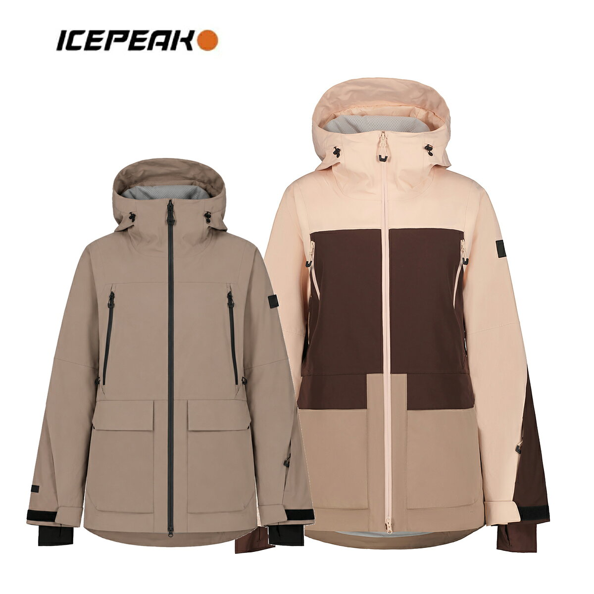 ICEPEAK アイスピーク スキーウェア■53221　CURRAN WOMEN　カラン ウィメンズ耐水圧：10,000mm透湿性：10,000g/m2/24h素材ポリエステル 100%、（裏地）リサイクルポリエステル 100%COLOR・BROWN・BABY PINKSIZEXS,S,M,L,XL・REPREVE・2-LAYER：防水メンブレンを多機能素材に接着した、2レイヤー構造の生地を使用。・DWR（Durable Water Repellent）・TAPED SEAMS・2WAY STRETCH・PFCフリー（PFC-Free）FEATURES・リサイクル素材を使用。・リラックスフィット。・立体裁断の肘。・固定式フード。・2方向に調整可能なフード。・サムホール付きの伸縮性インナーカフ。・ヘルメット対応フード。・長めで保護性の高いバックヘム。・調整可能な裾と袖口。・裏地付きハンドウォーマーポケット。・ダブルジップ仕様のフロントファスナー。・撥水ジップ付きチェストポケット。・滑り止めシリコンバンド付きの取り外し可能なスノーゲーター。※メーカー企画書の情報で商品登録を行っております。予告なしに商品名と仕様変更される場合がございます。