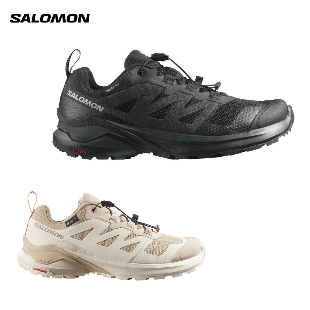メーカー希望小売価格はメーカーカタログに基づいて掲載しています SALOMON サロモン スポーツシューズ ランニングシューズ■X-ADVENTURE GTX W / L47321800 / L45458100COLOR・L47321800 / Black/Black/Black・L45458100 / SAFARI/ALMOND MILK/DESERT TAN防水性能　GORE-TEXSIZES　22 - 25 cm重量　283 gアッパー　テキスタイル/合成素材アウトソール　ラバーライナー　テキスタイル 100% ポリエステルインソール　テキスタイルかかと部高さ　29.5 mm前足部高さ　20.5 mmドロップ　9 mmシューレースのタイプ　Quicklace概要グリップと快適さ、安定性、防水性、そして果敢な精神が一つになった X-ADVENTURE GORE-TEX は、足場の不安定なトレイルでこそ本領を発揮します。あなたの冒険心を解き放って、家の近くから未知の領域まで、とにかく外に出かけて探検を始めてみましょう。クッショニング　普通シューズ幅　スタンダードランニングの地形　混合足の保護レベル　軽特長・快適さを長時間キープ　ソフトなライニングとゆったりとしたフィット感がどんな地面でも快適な履き心地を約束します。・全地形対応の安定性　Advanced Chassis の優れたサポートで、不安定な足場もうまく切り抜けられます。・アドベンチャーに対応頑丈なトゥキャップ、GORE-TEX 防水メンブレン、複数箇所にラグが入った All Terrain Contagrip アウトソールとグリップに優れたラバーコンパウンドならどんなアドベンチャーもノーリミット。特徴・アウトソール: All Terrain Contagrip・シャーシ：Advanced Chassis・アッパー構造：SensiFit・レーシングシステム：Quicklace・メンブレン：GORE-TEX ※メーカー企画書の情報で商品登録を行っております。予告なしに商品名と仕様変更される場合がございます。