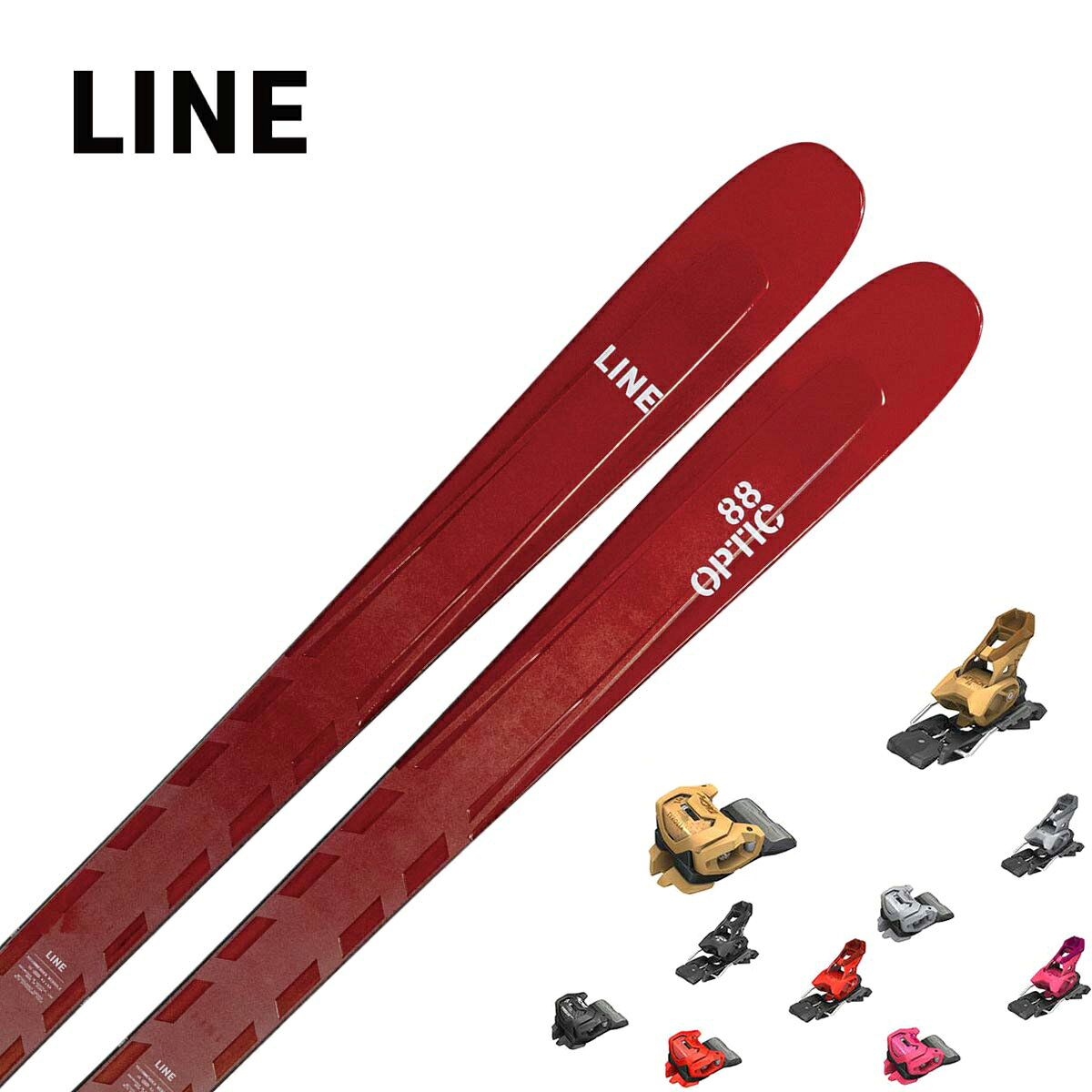 LINE ライン スキー板■OPTIC 88オプティック 88■156cm R：( - m)サイドカット：(121/88/111 mm)■163cm R：( - m)サイドカット：(121/88/111 mm)■170cm R：( - m)サイドカット：(121/88/111 mm)■177cm R：(16.3 m)サイドカット：(121/88/111 mm)■184cm R：( - m)サイドカット：(121/88/111 mm)CONSTRUCTIONAspen Veneer w/ TitanalWEIGHT1720g @ 177SUPER POWERSGas Pedal Metal OverdriveTOptic 88 は、ゲレンデを中心にスピード感のある滑りを楽しみたいスキーヤー向けのモデルです。細めの88mmウエストによる素早い切り返しと、金属補強構造による高い安定感を兼ね備え、朝一の圧雪バーンでは鋭いカービングターンを楽しめます。また、午後に荒れてきた雪面でも力強く突き進める頼もしさを持っています。「主戦場はゲレンデだが、多少の悪雪も気にせず攻めたい」というスキーヤーにぴったりの一本です。※メーカー企画書の情報で商品登録を行っております。予告なしに商品名と仕様変更される場合がございます。