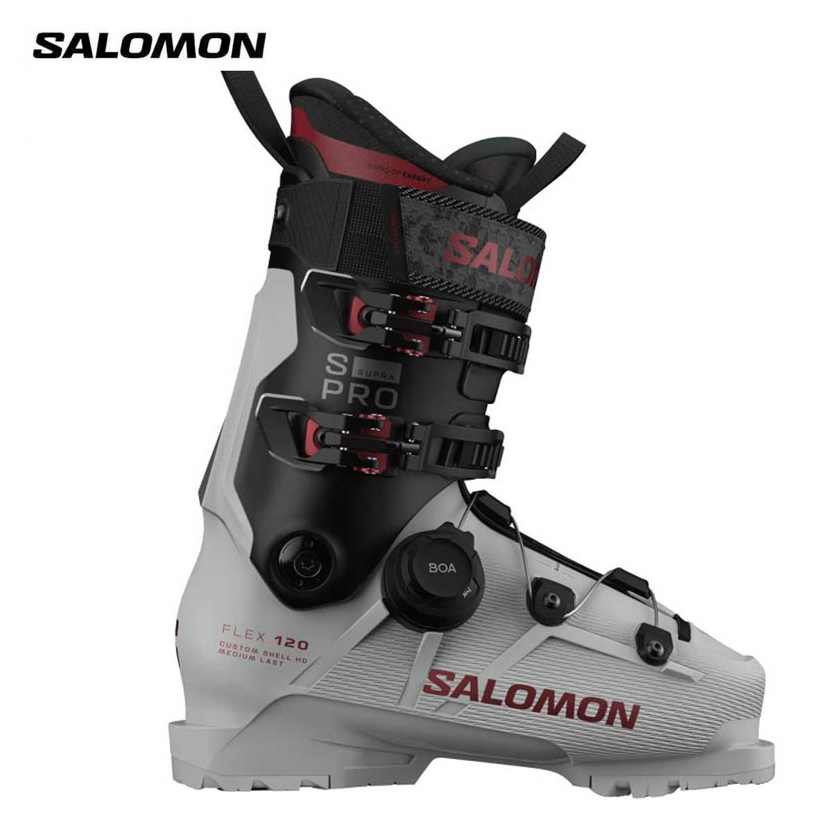 SALOMON サロモン スキーブーツ■S/PRO SUPRA S BOA 120 S/PRO スープラ S ボア 120フレックス（硬さ）：120ラスト（幅）：100-106mmCOLOR・Gray Aurora/Black/Samba Met.SIZE・24.0/24.5cm、25.0/25.5cm、26.0/26.5cm、27.0/27.5cm、28.0/28.5cmWEIGHT (g)・1870(1/2pair)(24.5cm)SHELL/CUFF・Polyurethane・Exowrap・Sensifit Insert・Custom shell HD・Power SpineLINER・S/pro CF Expert 4D・Light2 Footbed・Custom TangueSTRAP/TIGHTENING・Screwed Energyzer Velcro 45mm・1 Screwed BOA Fit System・2 Screwed Aluminium BucklesPADS・Gripwalk premounted ISO 23223ADJUSTMENT・Screwed Cuff Alignment Pivot・6mm Back Spoiler Premounted・GRIPWALK・SHELL BOA・FULL SERVICE原産国：ROMANIA製革新的なホールド性能と優れたパフォーマンスを実現する次世代ブーツの中・上級者向け120フレックスモデル。ライナーに、より快適性に優れるS/PROカスタムフィット・エキスパートを採用。カスタムタングも導入。※メーカー企画書の情報で商品登録を行っております。予告なしに商品名と仕様変更される場合がございます。
