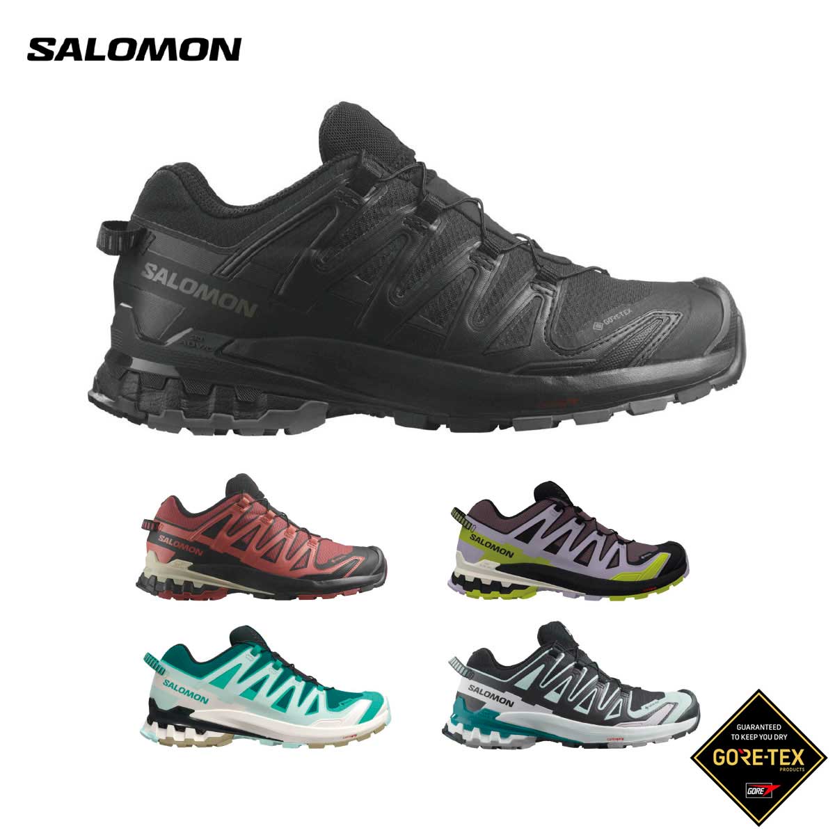 メーカー希望小売価格はメーカーカタログに基づいて掲載しています SALOMON サロモン スポーツシューズ ランニングシューズ■XA PRO 3D V9 GTX W / L47270800 / L47270900 / L47469500 / L47583700 / L47119100COLOR・L47270800 / Black / Phantom / Pewter・L47270900 / Cow Hide / Black / Faded Rose・L47469500 / Moonscape / Orchid Petal / Sulphur Spring・L47583700 / Deep Lake / Electric Green / Vanilla Ice・L47119100 / Black / Bleached Aqua / Harbor BlueSIZES　22 - 25 cm防水性能　GORE-TEX重量　315 gアッパー　合成素材/テキスタイルアウトソール　ラバーライナー　テキスタイルインソール　テキスタイルかかと部高さ　28.7 mm前足部高さ　17.3 mmドロップ　11 mmシューレースのタイプ　Quicklace概要XA PRO 3D V9 GORE-TEX は、安定性、耐久性、サポート力など過酷なアドベンチャーに必要な特長をすべて備えた、信頼性の高さで知られるトレイルランニングシューズの代表作。ラグパターンの最適化と防水メンブレンの採用により、グリップと長時間の保護性能が向上しています。クッショニング　普通シューズ幅　スタンダードランニングの地形　混合・岩足の保護レベル　高特長・安定性　Salomon が誇る 3D Advanced Chassis と薄型シャーシを採用することで、モーションコントロールを最適化し、足裏の保護と安定性を確保します。・プロテクション　補強トゥキャップにより足を確実に保護します。・防水性　優れた耐候性を発揮する GORE-TEX メンブレンを採用。特徴・アウトソール: All Terrain Contagrip・ミッドソール: EnergyCell+・シャーシ：3D Advanced Chassis・アッパー構造・メンブレン: GORE-TEX・サステナビリティ: リサイクル素材 ※メーカー企画書の情報で商品登録を行っております。予告なしに商品名と仕様変更される場合がございます。0