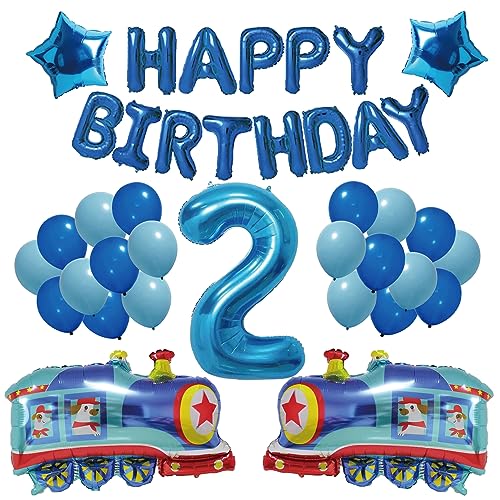 【風船屋】選べる数字 電車 誕生日 2歳 飾り付け ブルー 男の子 アルミバルーン train 運転手さん ナンバーバルーン 数字 (2歳)