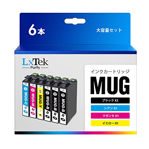 LxTek Purify MUG-4CL マグカップ インク エプソン (Epson) 対応 互換インクカートリッジ MUG 4色パック + MUG-BK ブラック2本（合計6本セット） EW-052A EW-452A プリンターインク 452A 052A 大容量 互換インク
