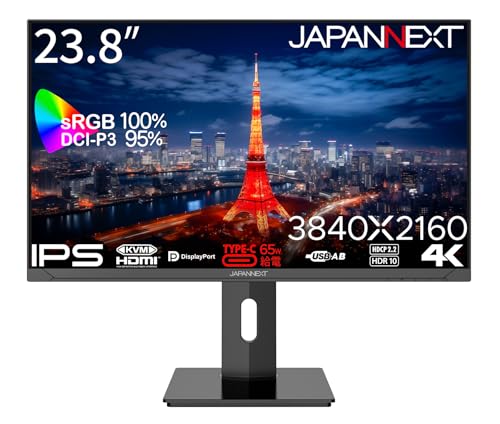 JAPANNEXT 23.8インチ モニター 4K UHD 3840x2160解像度 IPS ディスプレイ (KVM/HDMI/USB-C 給電 (65W) / DisplayPort/スピーカー内蔵/ブルーライトカット) JN-IPS2380UHDR-C65W-HSP