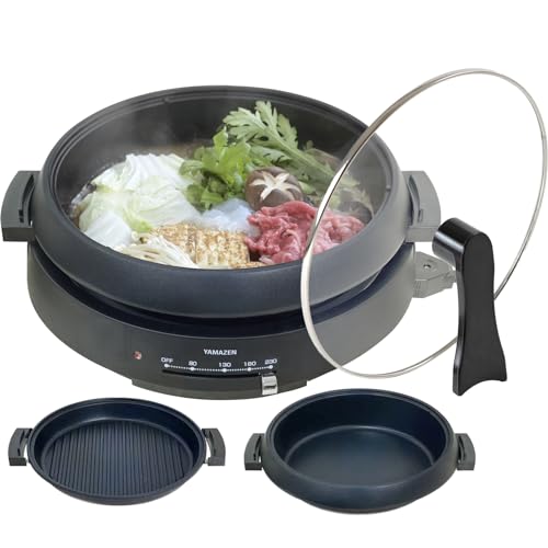 [山善] 電気鍋 グリル鍋 2WAY 一人暮らし 二人暮らし (深鍋/波型プレート) 鍋直径26cm 深さ6cm 2~3人用 1300W 直火対応 保温~230℃ 着脱式プレート 自立蓋 ガラス蓋 ブラック YGF-W130(B)