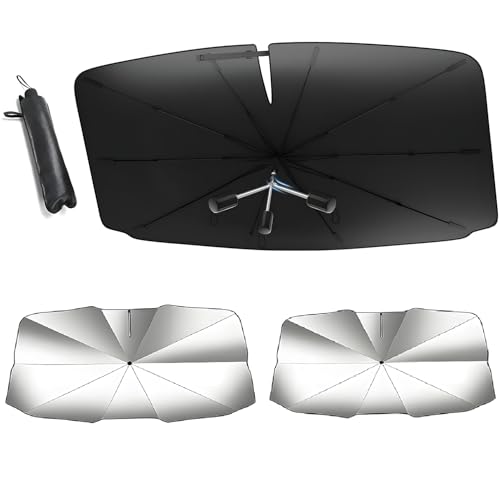 【2025年 可変式曲げ中棒】 車用サンシェード フロント専用 遮光率99.9% UV完全カット 軽自動車対応 10本骨強化設計 フロントガラス密着 5秒簡単設置 高温・日焼け防止 超薄型収納ポーチ付き