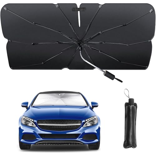 RUSEPIN サンシェード 車 フロント 車 サンシェード バックミラー部切り 日よけ サイズ選べる 遮光 遮熱 uvカット 曲がる傘柄 コンパクト 取付簡単 折り畳み式 収納ポーチ付き 便利 車中泊 プ