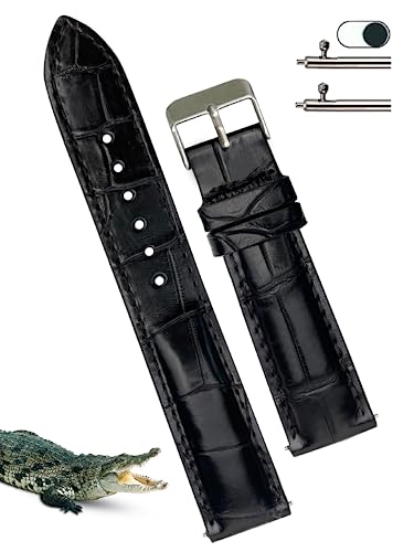 [vinacreations] 19mm ブラック クロコダイル腕時計ベルト クイックリリースバネ棒 ワニ交換用時計バンド 腕首 シルバーバックル付き 手作り メンズ ハンドメイド DH-01-19MM