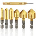 Kigauru 6本セット 面取りカッター 六角軸 6.35mm HSS鋼 下穴錐 座ぐり チタンコーティング 皿取り錐ドリル ビット 6/8/9/12/16/19mm ドリルビットセット + 1本自動センターポンチ (電動ドリルセット