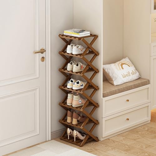 Yeziner シューズラック 玄関 スリム 靴棚 折りたたみ可能 竹製 木目調 シューズ ラック スリッパ 収納棚 省スペース コンパクト おしゃれ すき間 幅26cm 奥行26cm ひとり暮らし (茶色7段)