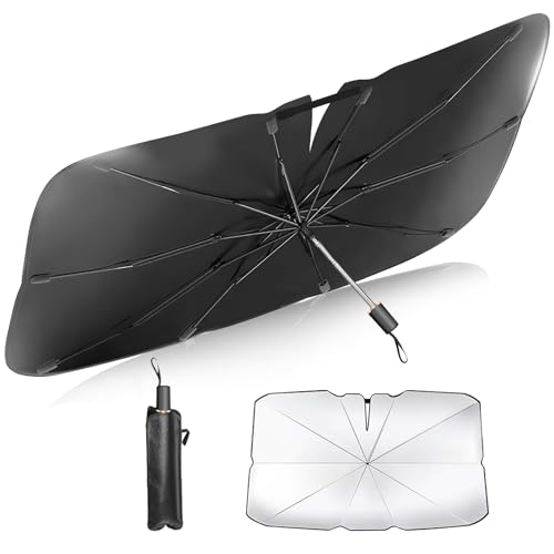 Kemiuu サンシェード 車 フロント 【2025新設計 曲がる中棒 繊維骨格】 傘型 折り畳み式 遮熱 遮光 UVカット 紫外線遮蔽 車中泊 仮眠 車用パラソル 取付簡単 収納ポーチ付き ほぼ全車種に適用