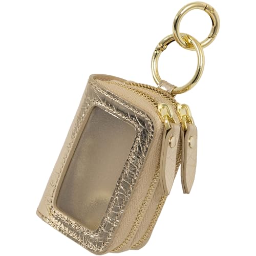 [RafiCaro] キーケース ダブルポケット 本革 スマートキー クリア窓 入れたまま操作 カラビナ付き AirTag対応スリット 軽量 ゴールド