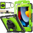 SEYMAC stock iPad 10インチケース 耐衝撃 保護フィルム付き ペン収納 360°回転スタンド ハンドストラップ ショルダーストラップ 全面保護カバー (グリーン+ブラック)