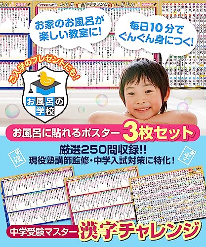 お風呂の学校 中学受験マスター漢字チャレンジ お風呂ポスター 3枚セット 日本製 厳選250熟語 B3サイズ 国語 学習 防水