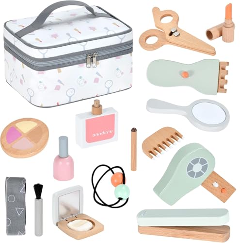 Wesfen 木のおもちゃ 知育玩具 ままごと メイクセット おもちゃ 女の子 6 7 8 9歳 女の子 プレゼント コスメ 化粧品バッグ付き 収納簡単 16点セット ごっこ遊び 誕生日 クリスマス (LH-01)