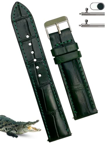 [vietnamcreations] 20mm グリーン クロコダイル腕時計ベルト クイックリリース ワニ革交換用時計バンド 腕首バックル付き手作りメンズ ハンドメイド 緑 DH-08-20MM