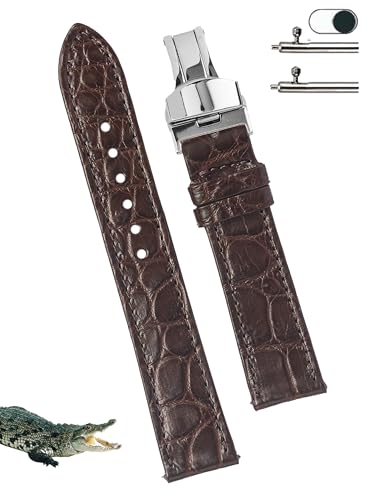[vinacreations] 18mm ダークブラウン クロコダイル腕時計ベルト Dバックル メンズ 丸腑 ワニ交換用時計バンド 薄型 クイックリリースバネ棒 腕首シルバー ディーバックル付き スリム 男性用 ハ