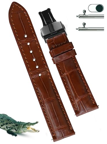 [vinacreations] 22mm ブラウン クロコダイル腕時計ベルト ディーバックル メンズ ワニ交換用時計バンドクイックリリースバネ棒 腕首ブラック Dバックル付き 男性用 ハンドメイド 手作りDH-06DB-22M