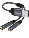 DuKabel 30CM USB外付け サウンドカード オーディオ分配ケーブル USBA(オス)⇔4極3.5mmステレオ(メス)×2分岐 イヤホンジャック 金属外殻 クリスタルナイロン編組 24 K金メッキ(Xbox One/PS3不対応)