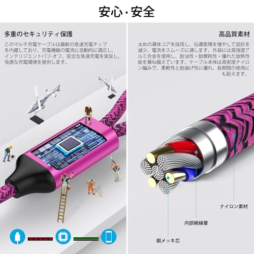 iPhone 充電ケーブル 1.2m 2in1 充電ケーブル 2.4A&3A 急速充電 USB-A to USB-C & Lightning ライトニング Type-c アイフォン usb 充電コード 高耐久ナイロン編み 2台同時充電対応 iPhone 16/15/14/13/ Pad/USB-C 機器対
