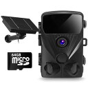 SecuSTATION トレイルカメラ 屋外 防犯 害獣 ソーラー 付属 4K動画 スマホ対応 赤外線 夜間撮影 人感センサー 電池式 動物監視カメラ 定点カメラ マイク スピーカー 内蔵 microSDカード 64GB付属 国