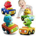 MIRAIMAX 赤ちゃん用の車のおもちゃ 4 in 1恐竜レーシングカー セット プッシュ&ゴー仕掛け付き 6ヶ月以上の幼児向け 電池不要 知育玩具 1〜3歳...