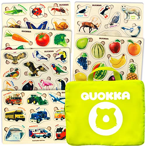 QUOKKA 幼児向けパズル 2-4歳 布袋付き – 6個セット モンテッソーリ木製パズル 3-5歳