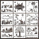 Mollytek 9枚セット描画テンプレート ステンシルシート プレート風景 子供 手帳用 製図用 絵画テンプレート 描画ツール 絵描き道具 塗り絵 DIYアルバム 絵図 手帳用に (風景)
