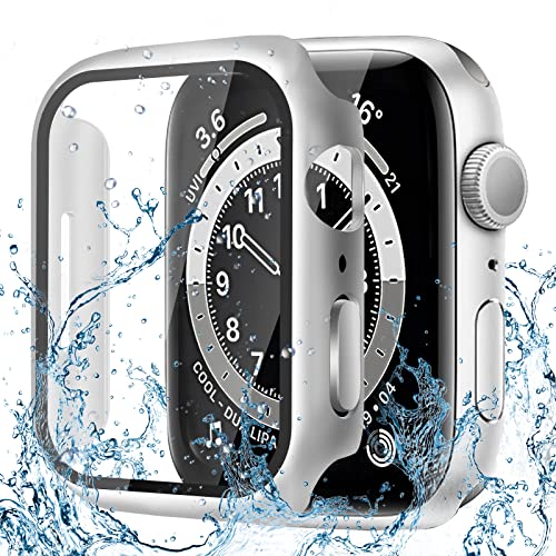 CAERMA Apple Watch用 ケース iWatch Series 10/9/8/7/6/5/4/SE2/SE 41mm対応 超薄型 アップルウォッチ用 カバー 防水 硬度9H 強化ガラス 高透過率 高耐久 耐衝撃 全面保護 Apple Watch用 カバー シルバー
