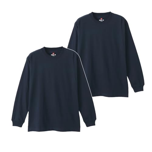 [ヘインズ] ビーフィー ロングスリーブ ロンT Tシャツ 長袖 丸首 BEEFY-T 綿100% 丸胴仕様 タグレス仕様 ビーフィロングスリーブTシャツ 2枚組 肉厚生地 無地 H5186-2 メンズ ネイビー XS