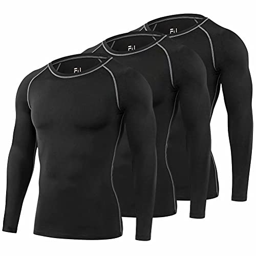 [Nesseo] コンプレッション ウェア メンズ トップス アンダー シャツ 3枚セット パワーストレッチ 長袖 スポーツ 吸汗速乾 UVカット 323*3blk-L