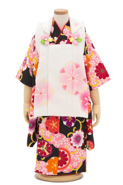 【5/1~6★クーポンで最大10%OFF】七五三 着物 3歳 販売 レトロ モダン 女の子 着物セット 被布セット 黒 白 赤 金 桜 梅 花 鹿の子柄 ラメ (被布コート・着物・襦袢・伊達衿・草履・巾着・髪飾り) 3才 子供 キッズ 女の子 女児 【送料無料】【あす楽対応】