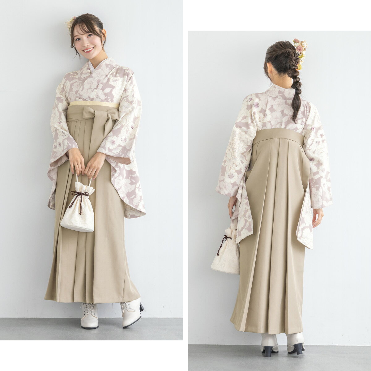 イーグルス感謝祭☆最大1000円クーポン配布中☆袴セット 卒業式 大学生 小学生 レディース 女の子 セット ピンク 桃色 白 ベージュ くすみ くすみカラー 花 フラワー レトロモダン 和装 着物セット 販売 購入 送料無料