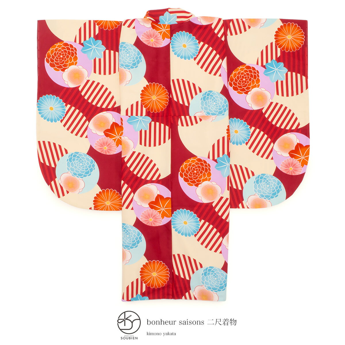 Black Friday☆最大1000円クーポン配布中☆袴用二尺袖着物 赤 レッド 薄橙色 菊 梅 紅葉 重ね丸 縞 レトロ モダン 小振袖 卒業式 女性 レディース 仕立て上がり ボヌールセゾン 送料無料