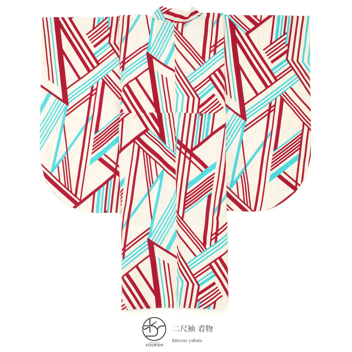 Black Friday☆最大1000円クーポン配布中☆袴用二尺袖着物 白系 アイボリー 赤 水色 線 ライン 幾何学模様 アートモダン 小紋柄 小振袖 卒業式 謝恩会 女性 レディース 仕立て上がり