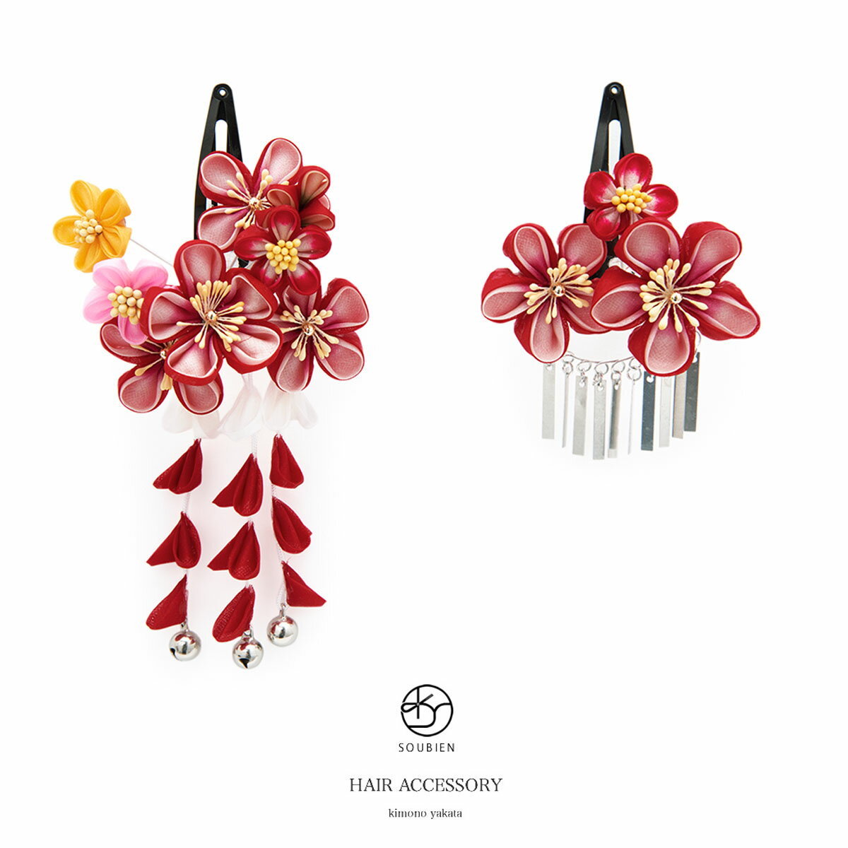 【5/1~6★クーポンで最大10％OFF】七五三 髪飾り 三歳 つまみ細工 2点セット お正月 ひな祭り スリーピン パッチン留め 赤 白 梅 正絹 髪飾り 髪留め ヘアアクセサリー キッズ 子供用 女児 和装 【あす楽対応】