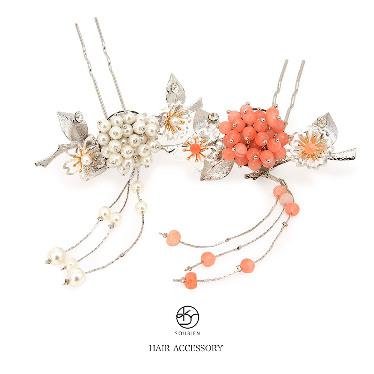 かんざし 簪 花 フラワー シルバー ピンク パール ラインストーン ブラ