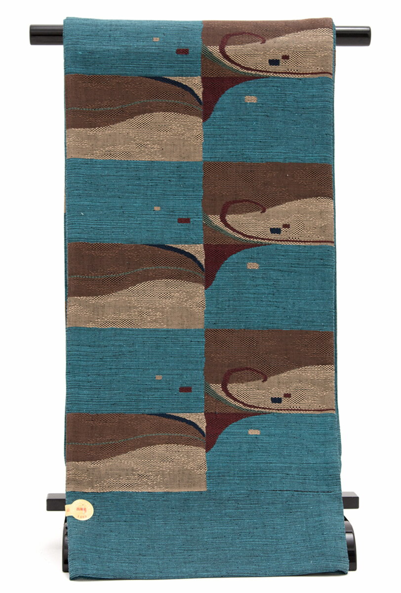 マラソン☆最大1000円クーポン配布中☆7/26 1:59まで 【未仕立て】 袋帯 青 ブルー 茶色 流水文 格子 正絹 三幸織物 徳田佳考 京都西陣織 1403 おしゃれ袋帯 紬の帯 六通柄 カジュアル 日本製 送料無料