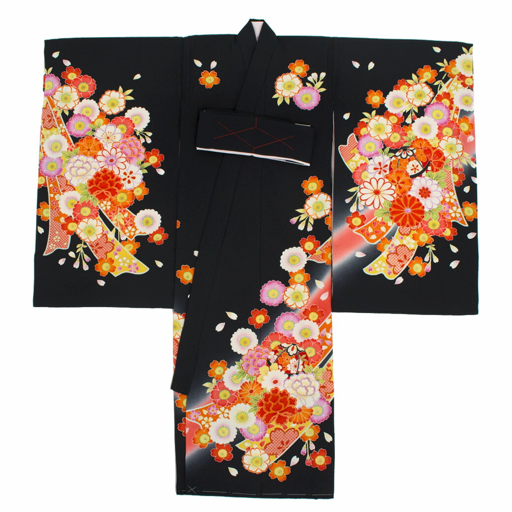 初着 黒 ブラック 橙色 熨斗目柄 鞠 桜 菊 花 正絹 産着 うぶぎ 祝着 お宮参り お...
