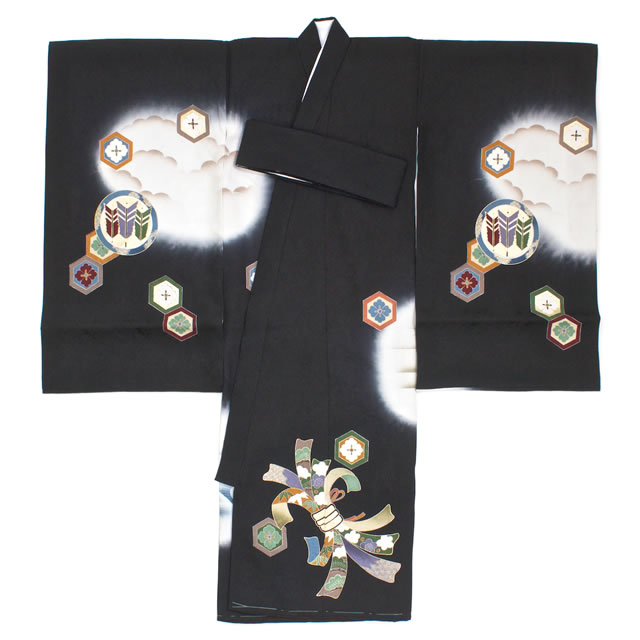 初着 黒 熨斗目 刺繍 染め 盛り金 祝い紋 正絹 紋入れ 産着 男の子 男児 祝着 お宮...