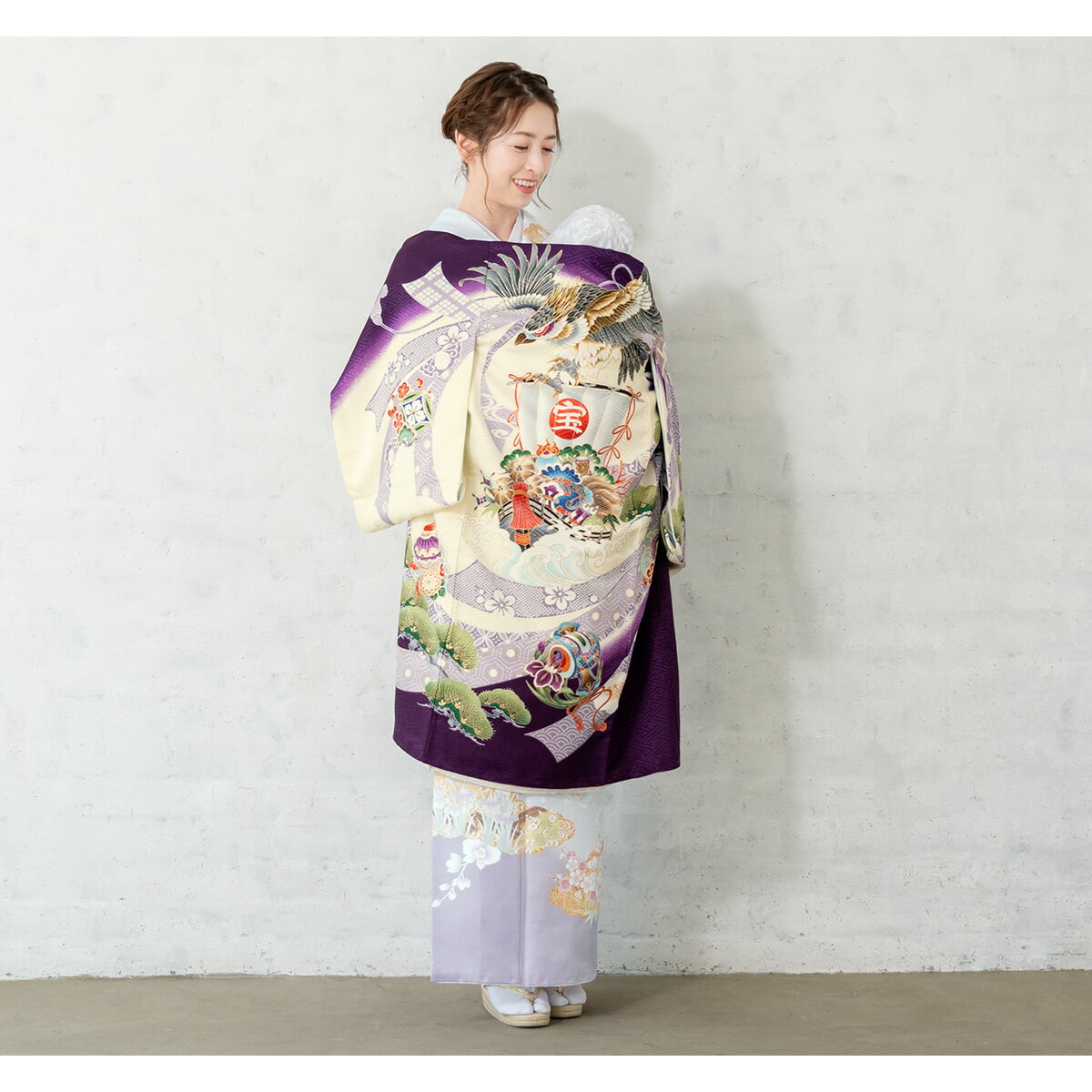 産着 男の子 販売 初着 紫 パープル 鷹 宝船 和柄 男児 掛け着 うぶぎ 祝着 お宮参り ポリエステル お祝い 赤ちゃん 送料無料