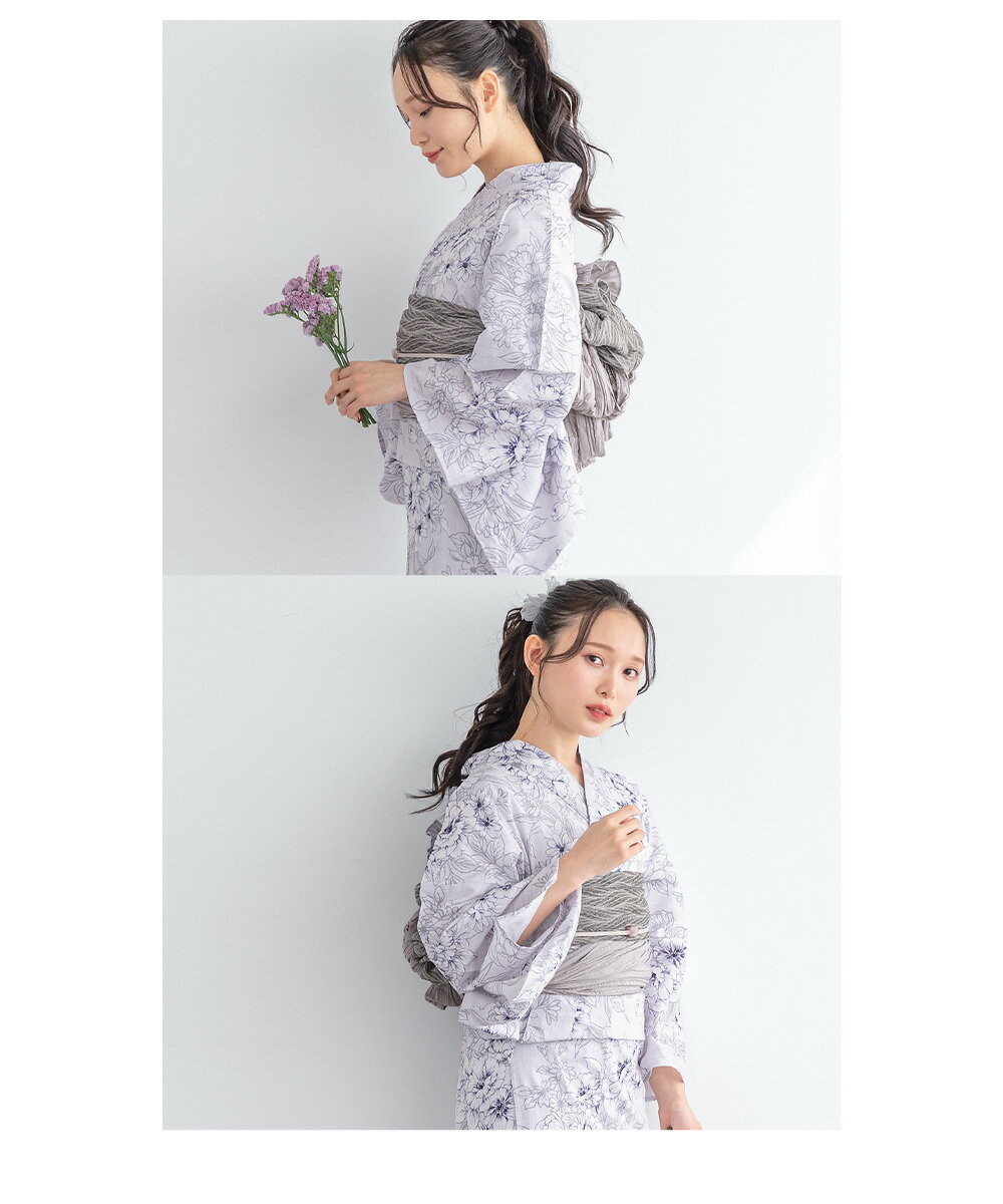 イーグルス感謝祭☆最大1000円クーポン配布中☆浴衣 セット レディース 浴衣セット 兵児帯 大人 3点セット ライトパープル系 薄紫 牡丹 花柄 グレージュ フリー 送料無料