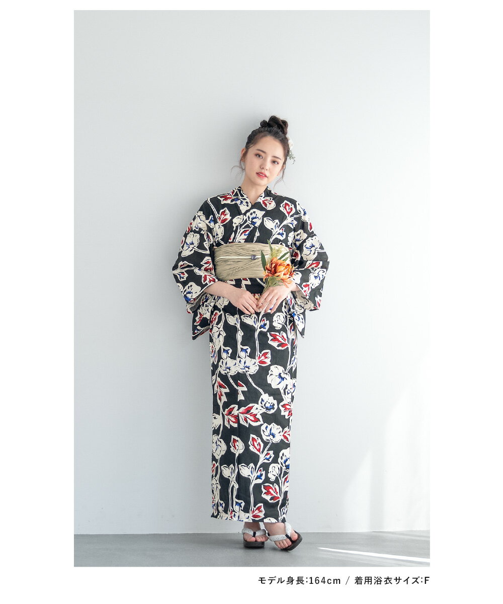 イーグルス感謝祭☆最大1000円クーポン配布中☆浴衣 セット レディース 浴衣セット 兵児帯 大人 3点セット ブラック 黒系 赤 紫 花 フラワー 亜麻色 S フリー 送料無料