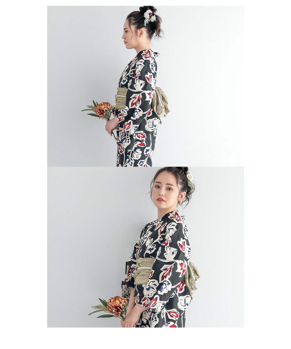 イーグルス感謝祭☆最大1000円クーポン配布中☆浴衣 セット レディース 浴衣セット 兵児帯 大人 3点セット ブラック 黒系 赤 紫 花 フラワー 亜麻色 S フリー 送料無料