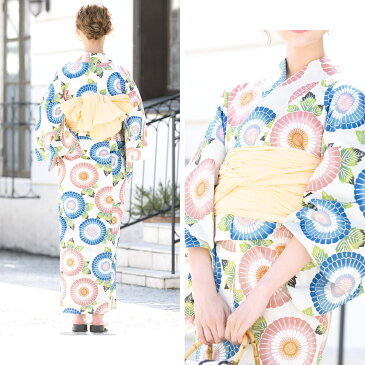 浴衣 セット レディース レトロ 浴衣セット 大人 3点セット ホワイト 白 ブルー 青 ピンク 菊 キク 花 レトロモダン 綿 変わり織り 夏祭り 花火大会 女性用 S・フリー【あす楽対応】【送料無料】【浴衣 セット】